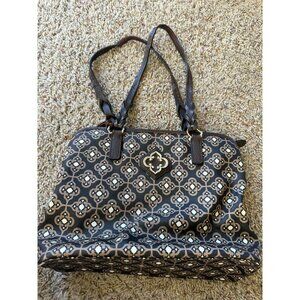 Brighton Brown Tan Renata Geometric-Print Tote Bag Braided Straps Gold Emblem
